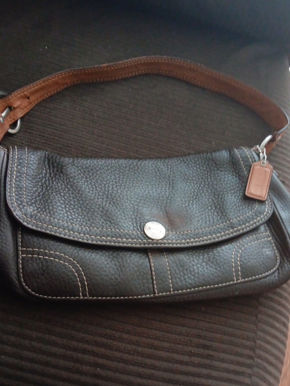 Rare Coach Pebbled Leather Shoulder Bag in Dark Brown with Light Brown Strap